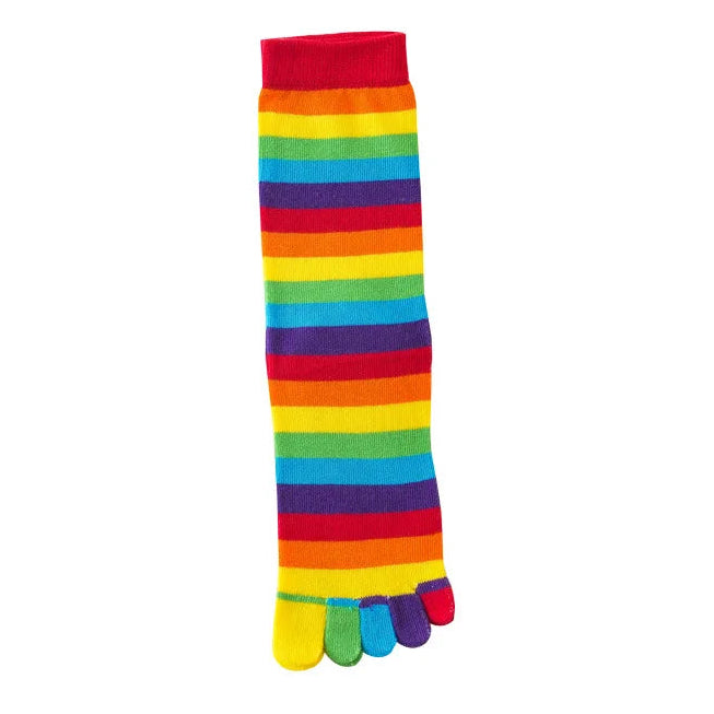Damen Regenbogen Gestreifte Fünf-Zehen Baumwollsocken – Bunte Split-Toe Mid-Calf Sportsocken