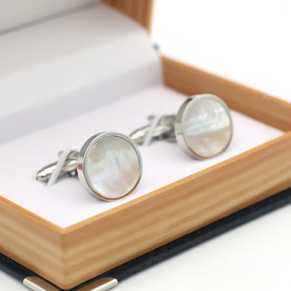 Weiße Muschel-Manschettenknöpfe – Runde Messing Cufflinks für Herren