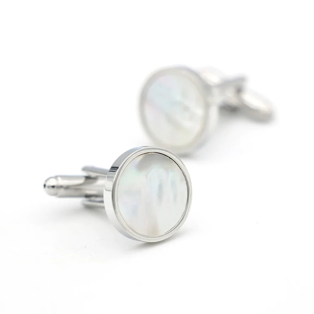 Weiße Muschel-Manschettenknöpfe – Runde Messing Cufflinks für Herren