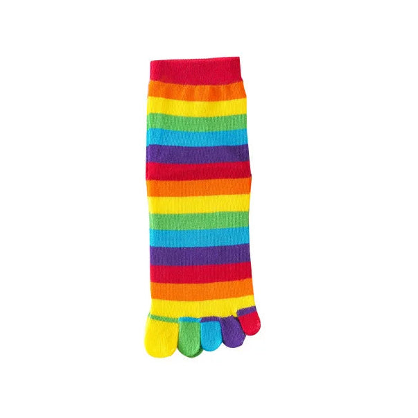 Damen Regenbogen Gestreifte Fünf-Zehen Baumwollsocken – Bunte Split-Toe Mid-Calf Sportsocken