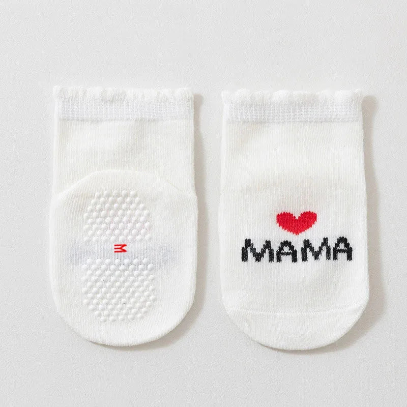 4 Paar Baby Anti-Rutsch Socken für Jungen & Mädchen – Mama Papa Herz Muster Erste Schritte Bodensocken Weiß Schwarz Gestreift