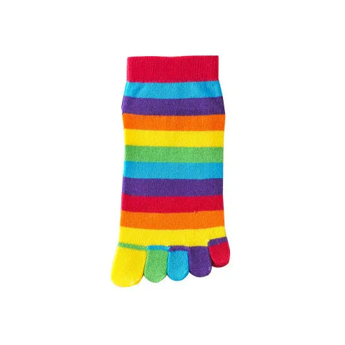 Damen Regenbogen Gestreifte Fünf-Zehen Baumwollsocken – Bunte Split-Toe Mid-Calf Sportsocken