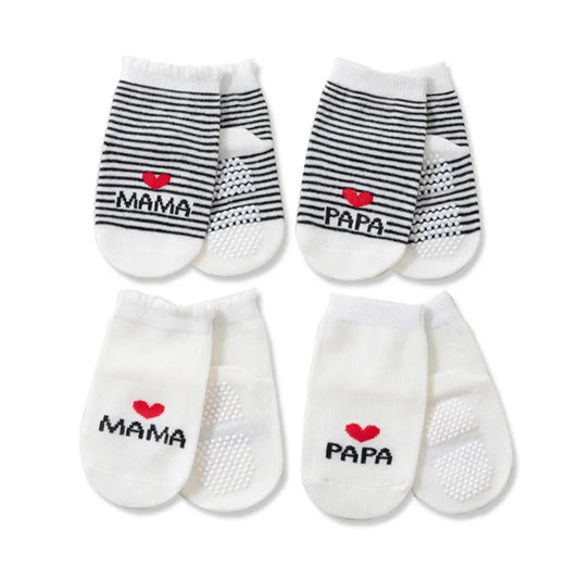 4 Paar Baby Anti-Rutsch Socken für Jungen & Mädchen – Mama Papa Herz Muster Erste Schritte Bodensocken Weiß Schwarz Gestreift